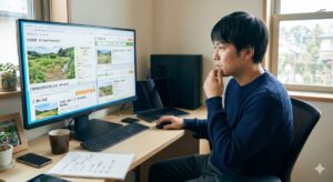 パソコンの画面で0円不動産や空き家・農地バンクのサイトを開き、耕作放棄地のリサーチをしているサラリーマンの様子