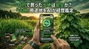 0円不動産で見つけた山林の土地の安全性を、雑草の生育状態や過去の航空写真からAIに経歴鑑定してもらっているイメージ