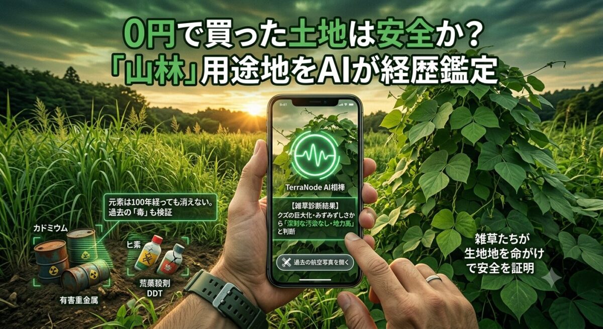 0円不動産で見つけた山林の土地の安全性を、雑草の生育状態や過去の航空写真からAIに経歴鑑定してもらっているイメージ